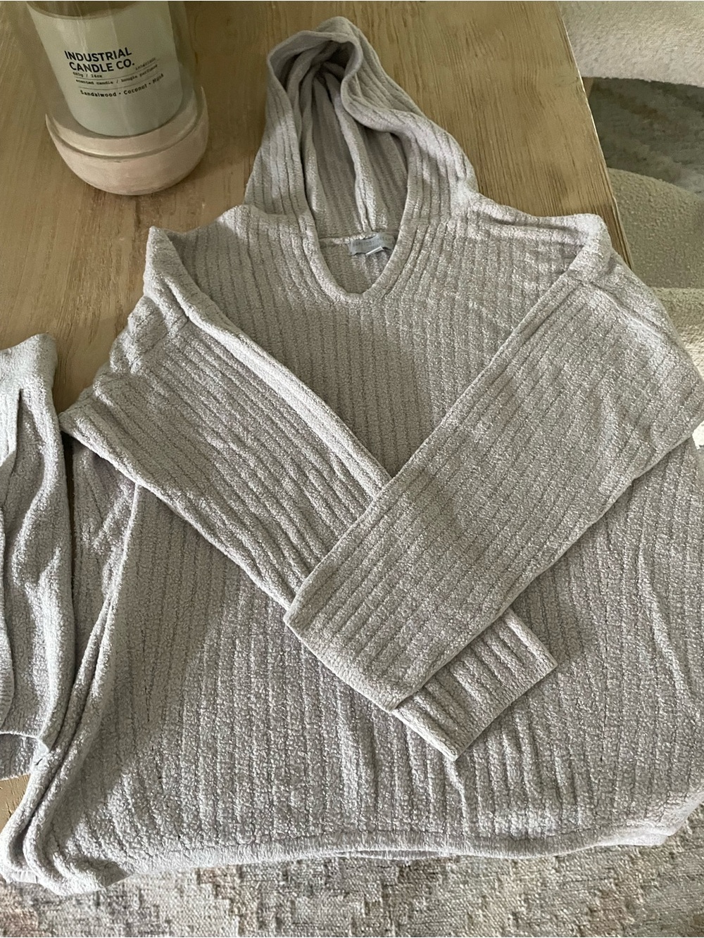 Barefoot dreams Cozy Ribbed V-Neck Hoodie shorts set lounge Sweater - Light Gray
